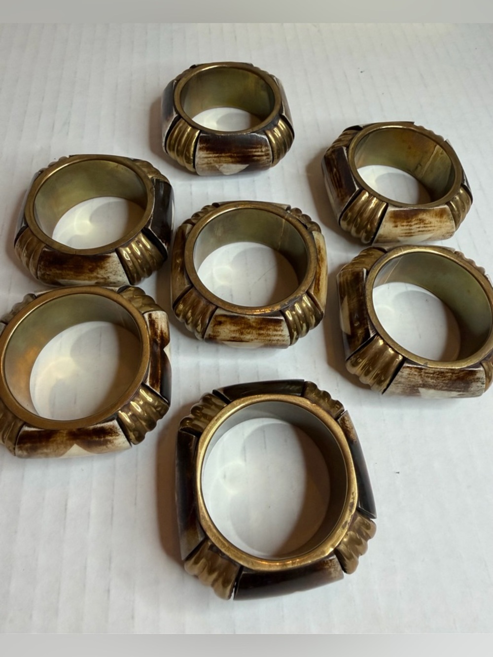 Vintage Tribal Boho Faux Bone Inlay  and Brass Napkin Holder Rings Set of 7